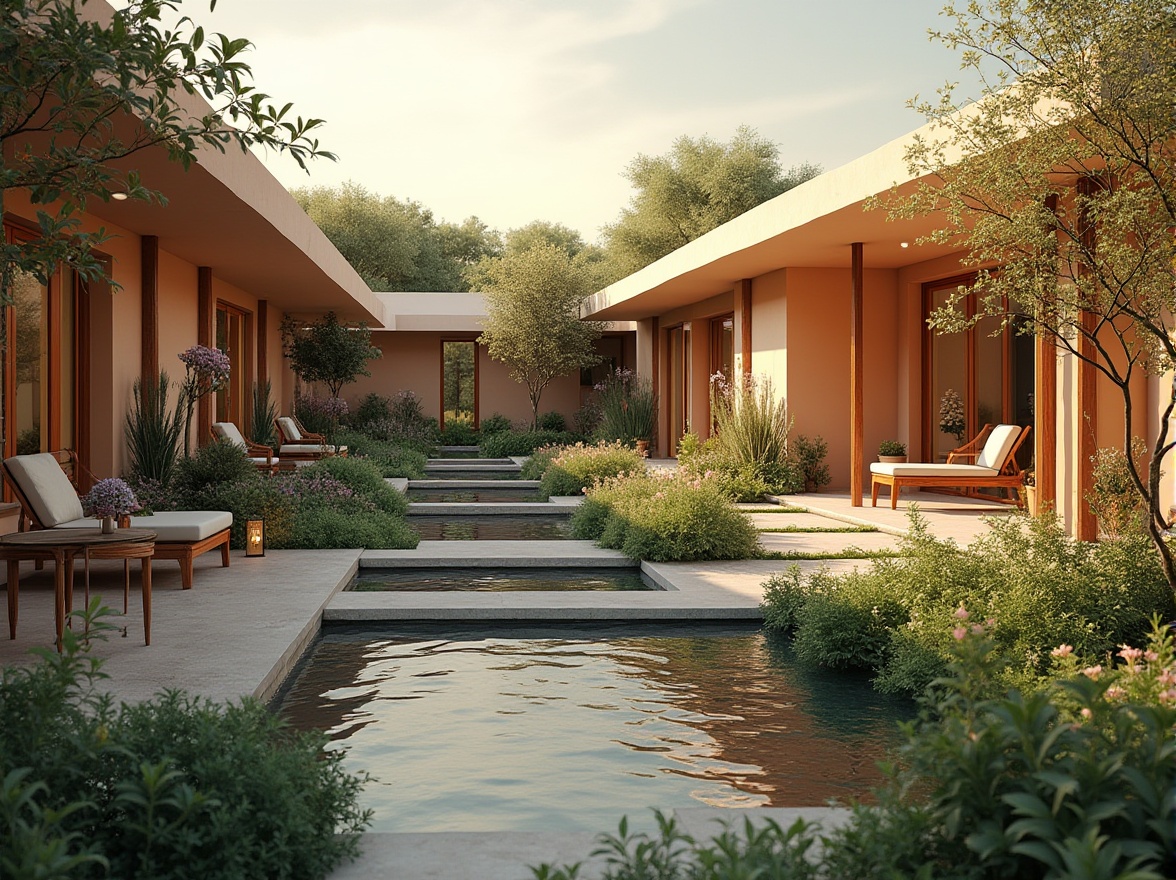 Prompt: \Tranquil villa, soft peach walls, warm beige roofs, lush green gardens, vibrant blooming flowers, serene water features, natural stone pathways, wooden decking, comfortable outdoor furniture, cozy ambiance, warm golden lighting, shallow depth of field, 1/1 composition, realistic textures, ambient occlusion.\