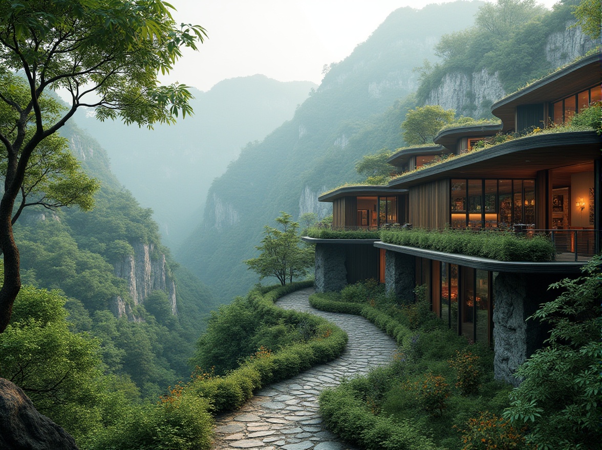 Prompt: Scenic mountainous landscape, lush green forests, winding stone pathways, modern curved architecture, cantilevered rooflines, floor-to-ceiling windows, natural ventilation systems, rustic wooden accents, organic material blends, earthy color palette, misty atmospheric lighting, shallow depth of field, 1/2 composition, soft focus background, vibrant flora textures, ambient occlusion.