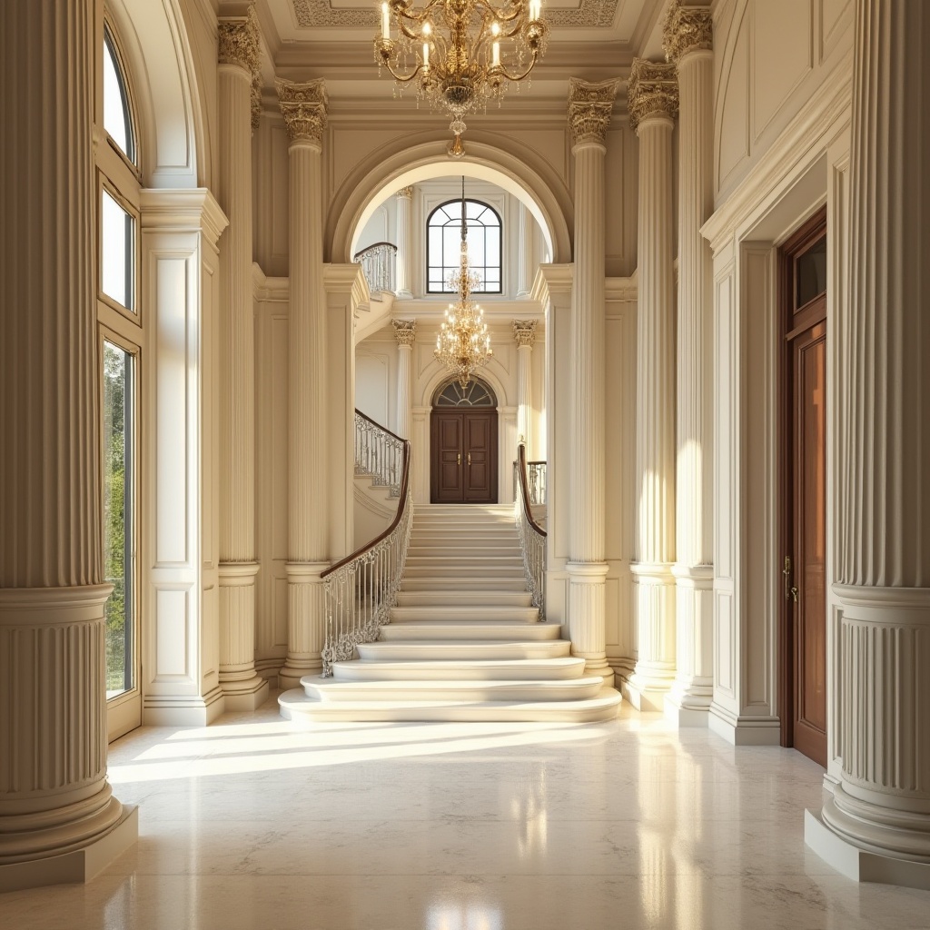 Prompt: Elegant residential facade, classical columns, ornate capitals, symmetrical composition, grand entrance, intricately carved doors, polished marble floors, sweeping staircases, lavish chandeliers, cream-colored walls, tall windows, soft natural lighting, warm beige tones, subtle texture variations, subtle shadow accents, 1/2 composition, shallow depth of field, realistic rendering, ornate moldings, luxurious furnishings.