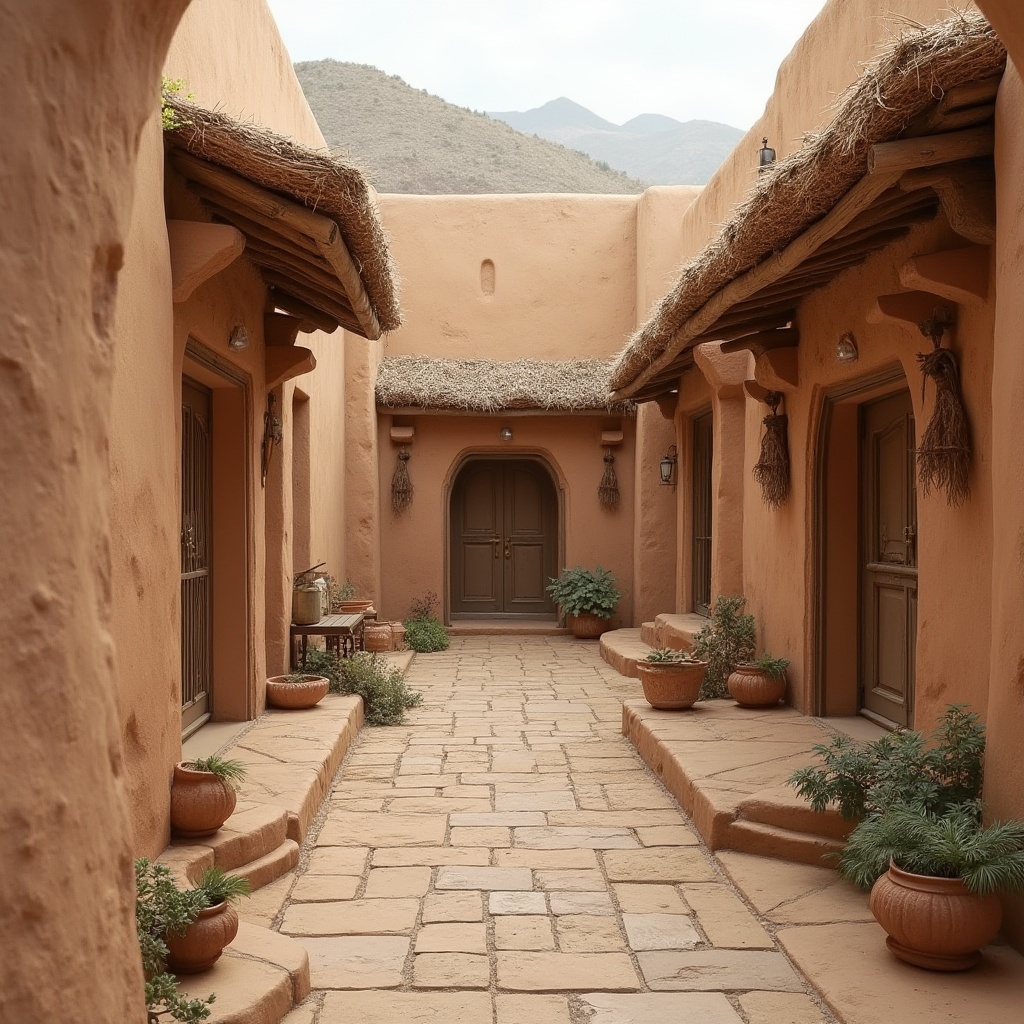 Prompt: Earth-toned adobe buildings, rustic stone walls, wooden accents, natural fiber thatched roofs, earthy terracotta tiles, rough-hewn timber beams, woven bamboo screens, clay plastered facades, organic forms, curved lines, regional materials, local craftsmanship, warm beige color palette, soft diffused lighting, shallow depth of field, 1/1 composition, intimate scale, cozy atmosphere.