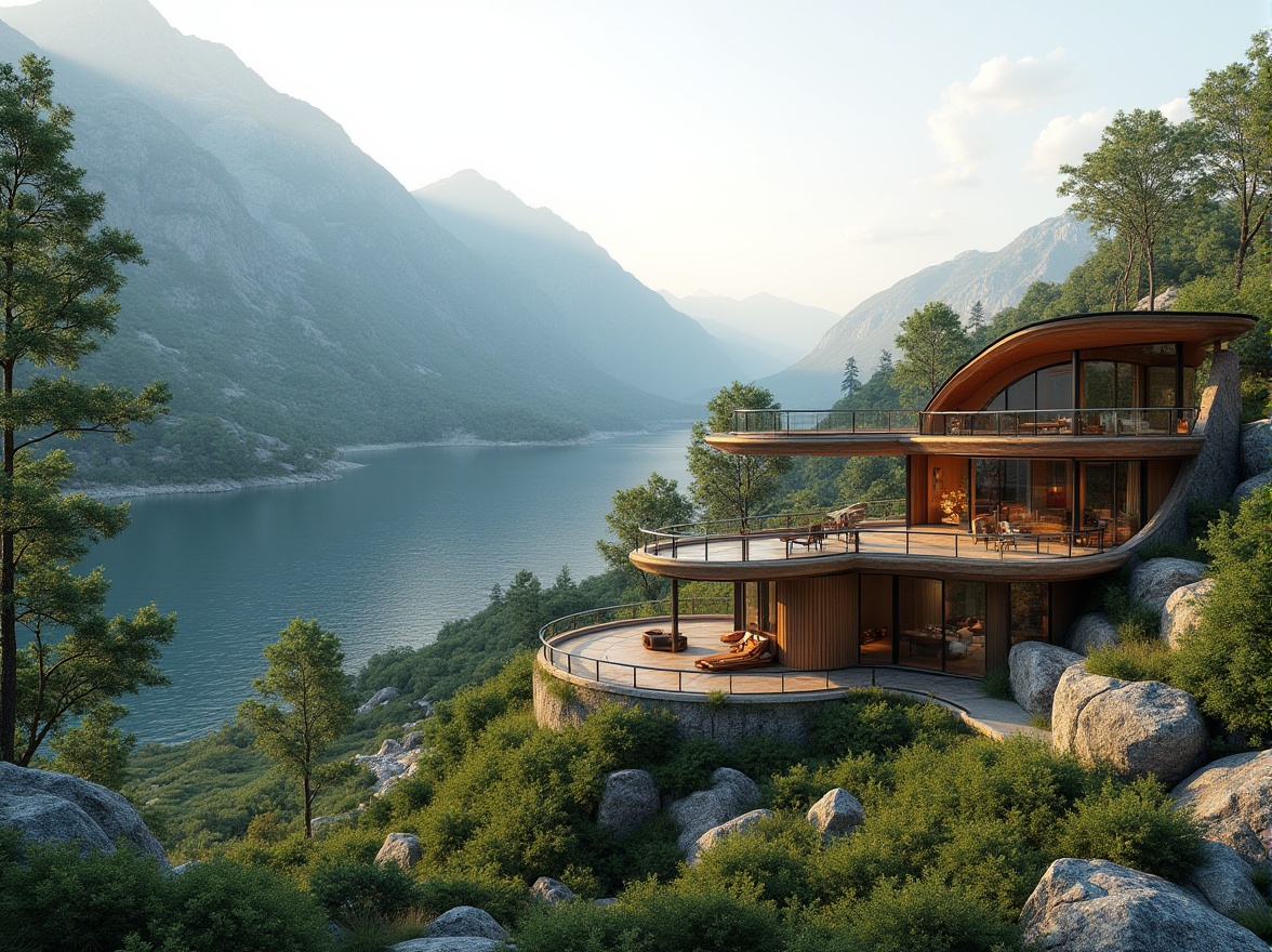 Prompt: Mountainous landscape, rolling hills, serene lakeside, lush greenery, native plants, walking trails, outdoor recreational spaces, modern architecture, curved lines, organic forms, natural stone cladding, wooden accents, floor-to-ceiling windows, sliding glass doors, cantilevered roofs, panoramic views, soft warm lighting, shallow depth of field, 3/4 composition, realistic textures, ambient occlusion.