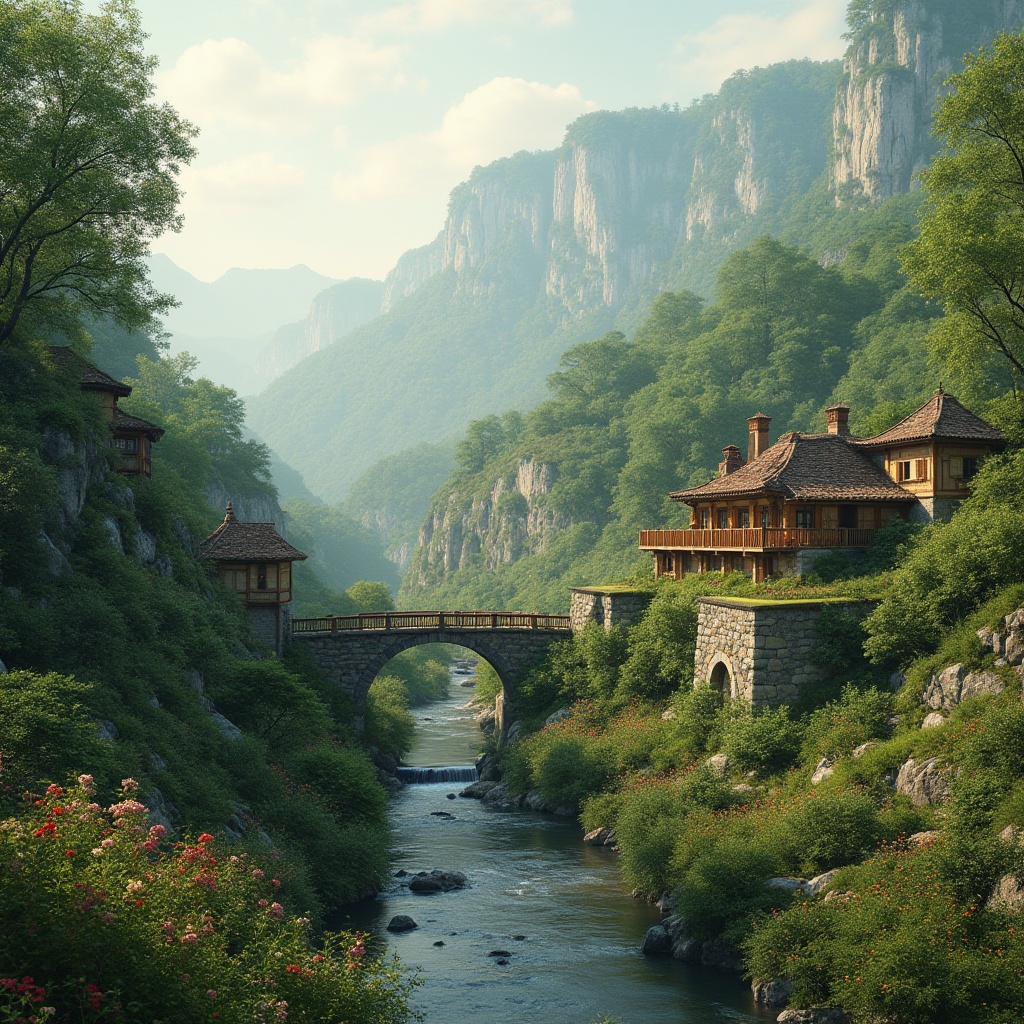 Prompt: Serenely integrated landscape, harmonious balance of nature and architecture, rolling hills, meandering streams, lush green forests, vibrant wildflowers, rustic stone walls, wooden bridges, eco-friendly buildings, natural materials, earthy tones, soft warm lighting, misty atmosphere, shallow depth of field, 1/1 composition, panoramic view, realistic textures, ambient occlusion.