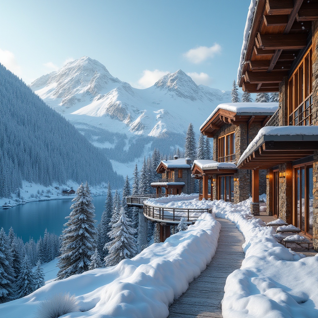 Prompt: Snow-capped mountains, frozen lakes, wooden ski slopes, rustic cabins, modern ski center architecture, natural stone walls, wooden beams, exposed ductwork, steel frames, large windows, snowflake patterns, icy blue colors, warm wooden accents, cozy fireplaces, soft warm lighting, shallow depth of field, 3/4 composition, panoramic view, realistic textures, ambient occlusion.