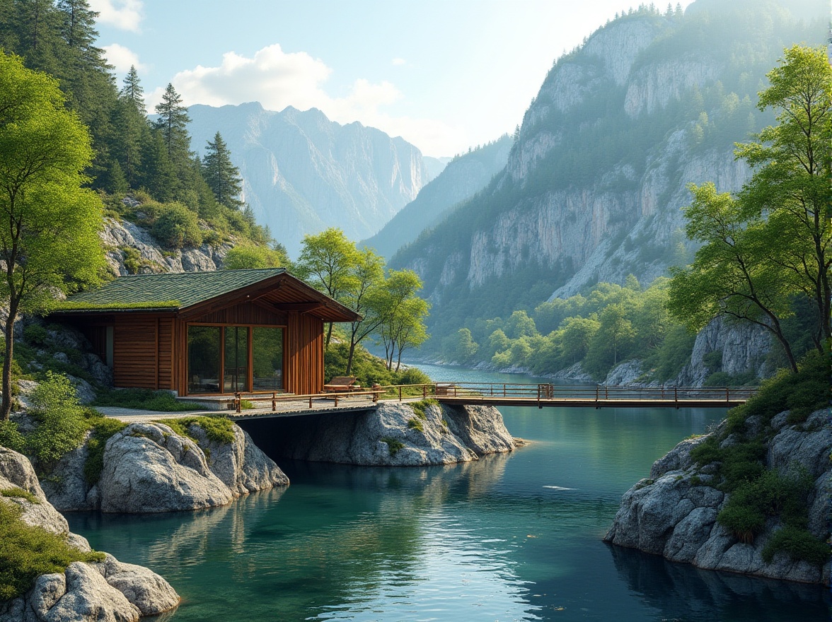 Prompt: Scenic mountainous terrain, lush forests, meandering rivers, serene lakeshores, rugged cliffs, weathered stone formations, rustic wooden bridges, natural stone pathways, modern eco-friendly architecture, green roofs, solar panels, wind turbines, recycled materials, minimalist design, angular lines, sleek metal accents, floor-to-ceiling windows, sliding glass doors, warm cozy lighting, shallow depth of field, 3/4 composition, panoramic view, realistic textures, ambient occlusion.