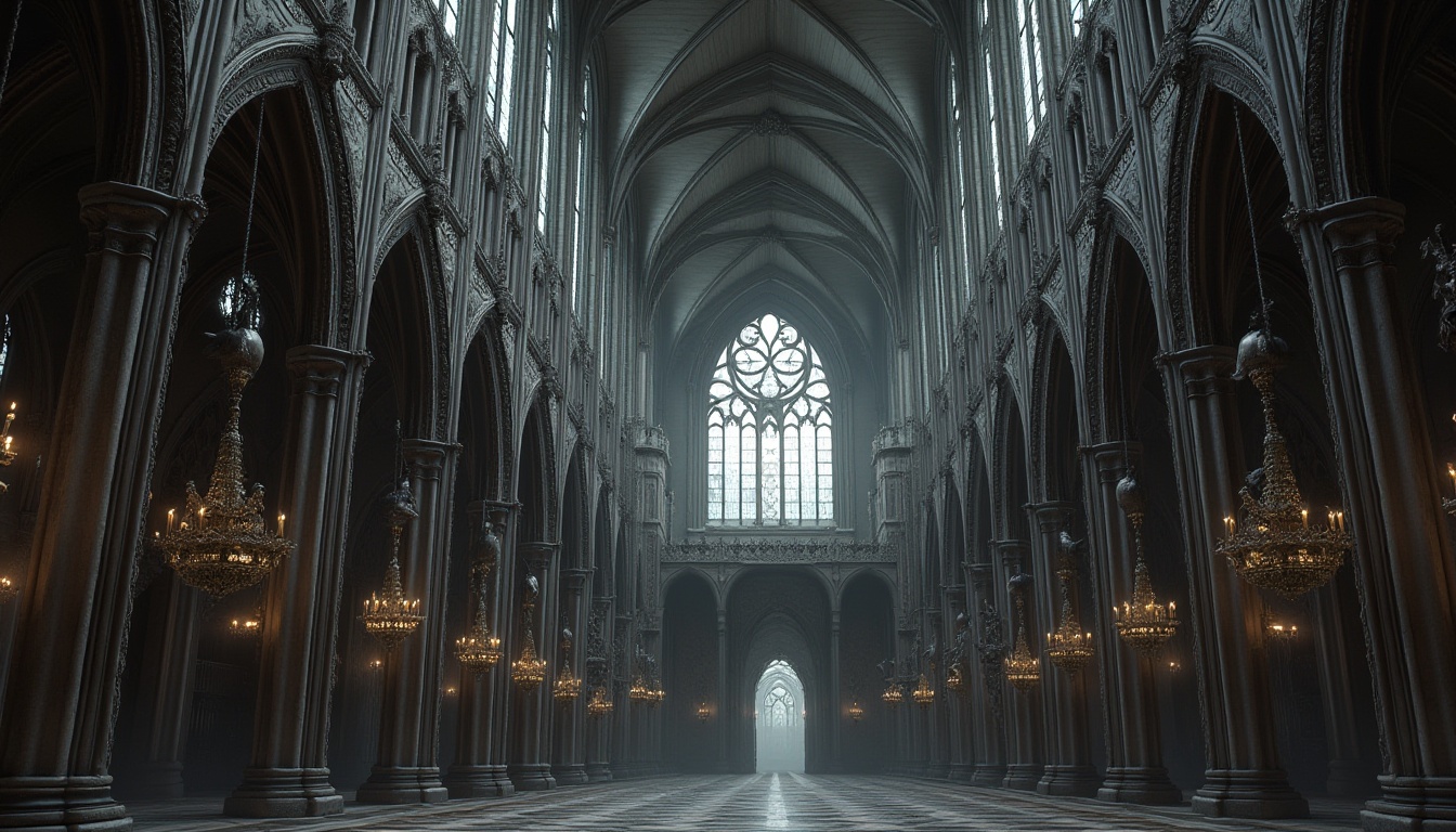 Prompt: Intricate stone carvings, ornate ribbed vaults, pointed arches, grandiose rose windows, flying buttresses, majestic spires, mystical gargoyles, lavish stained glass, richly textured walls, dramatic chiaroscuro lighting, high contrast shading, atmospheric fog effects, 1/1 composition, low-angle photography, detailed textures, ambient occlusion.