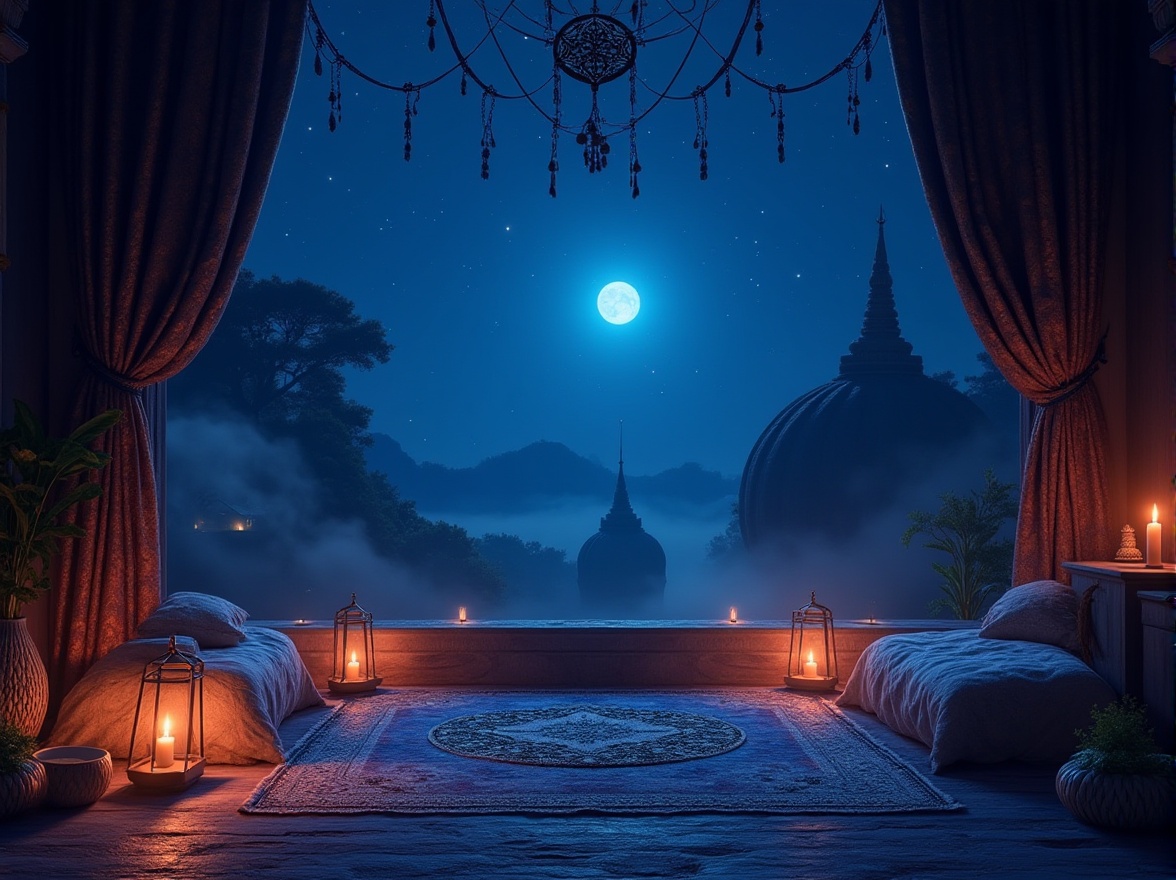 Prompt: Mysterious indigo night sky, starry twinkling lights, deep blue-purple hue, luxurious velvet fabrics, rich wooden accents, ornate gold details, mystical spiritual atmosphere, dimly lit lanterns, ancient wisdom symbols, intricate mandala patterns, soft misty fog, subtle moonlight, warm candle glow, 1/2 composition, atmospheric perspective, realistic textures, ambient occlusion.