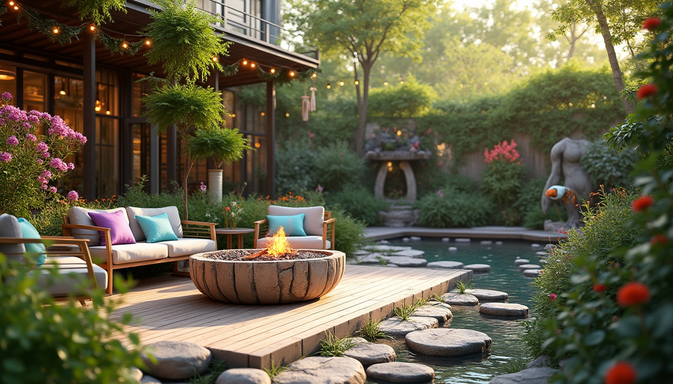 Prompt: Vibrant garden, lush greenery, blooming flowers, modern outdoor furniture, cozy fire pit, string lights, rustic wooden deck, natural stone pathways, serene water features, tranquil koi pond, colorful mosaic tiles, eclectic sculptures, whimsical wind chimes, sunny afternoon, warm soft lighting, shallow depth of field, 3/4 composition, panoramic view, realistic textures, ambient occlusion.