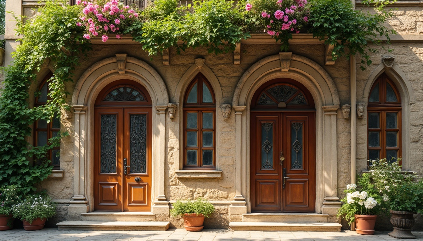 Prompt: Elegant building facade, arched windows, ornate stone carvings, rustic brick walls, vintage wooden doors, lush green vines, blooming flower boxes, soft warm lighting, shallow depth of field, 1/2 composition, romantic European-inspired architecture, historic preservation, traditional craftsmanship, intricate stonework, symmetrical design, serene natural surroundings, peaceful atmosphere, warm color palette.