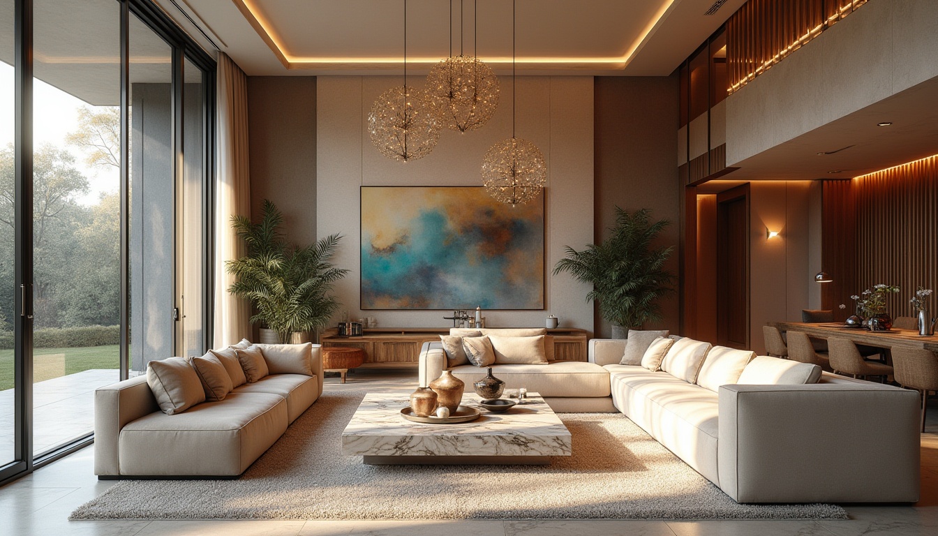 Prompt: Luxurious living room, plush sofas, marble coffee tables, floor-to-ceiling windows, natural light pouring in, soft warm ambiance, cozy reading nooks, rich wood accents, modern minimalist decor, sleek metal fixtures, vibrant colorful artwork, textured rugs, comfortable sectionals, sophisticated chandeliers, elegant curtains, spacious open layouts, functional storage solutions, ergonomic furniture designs, calming color schemes, inviting atmospheres, shallow depth of field, 1/1 composition, realistic textures, ambient occlusion.