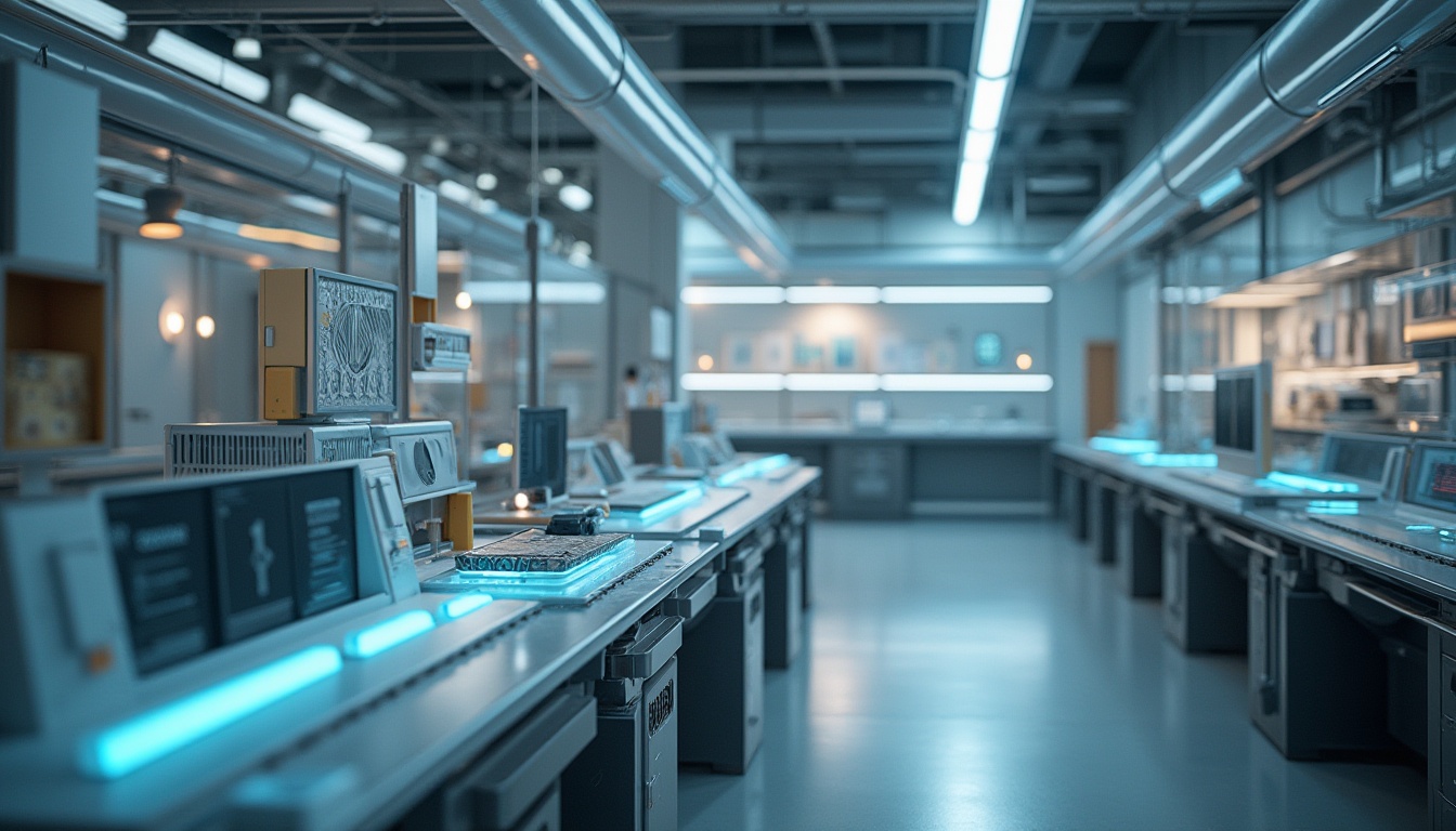 Prompt: Modern laboratory interior, futuristic equipment, sleek metal surfaces, neon-lit workstations, advanced material samples, cutting-edge technology displays, minimalist design, neutral color palette, industrial-style lighting, 3/4 composition, shallow depth of field, soft warm glow, innovative textures, ambient occlusion.