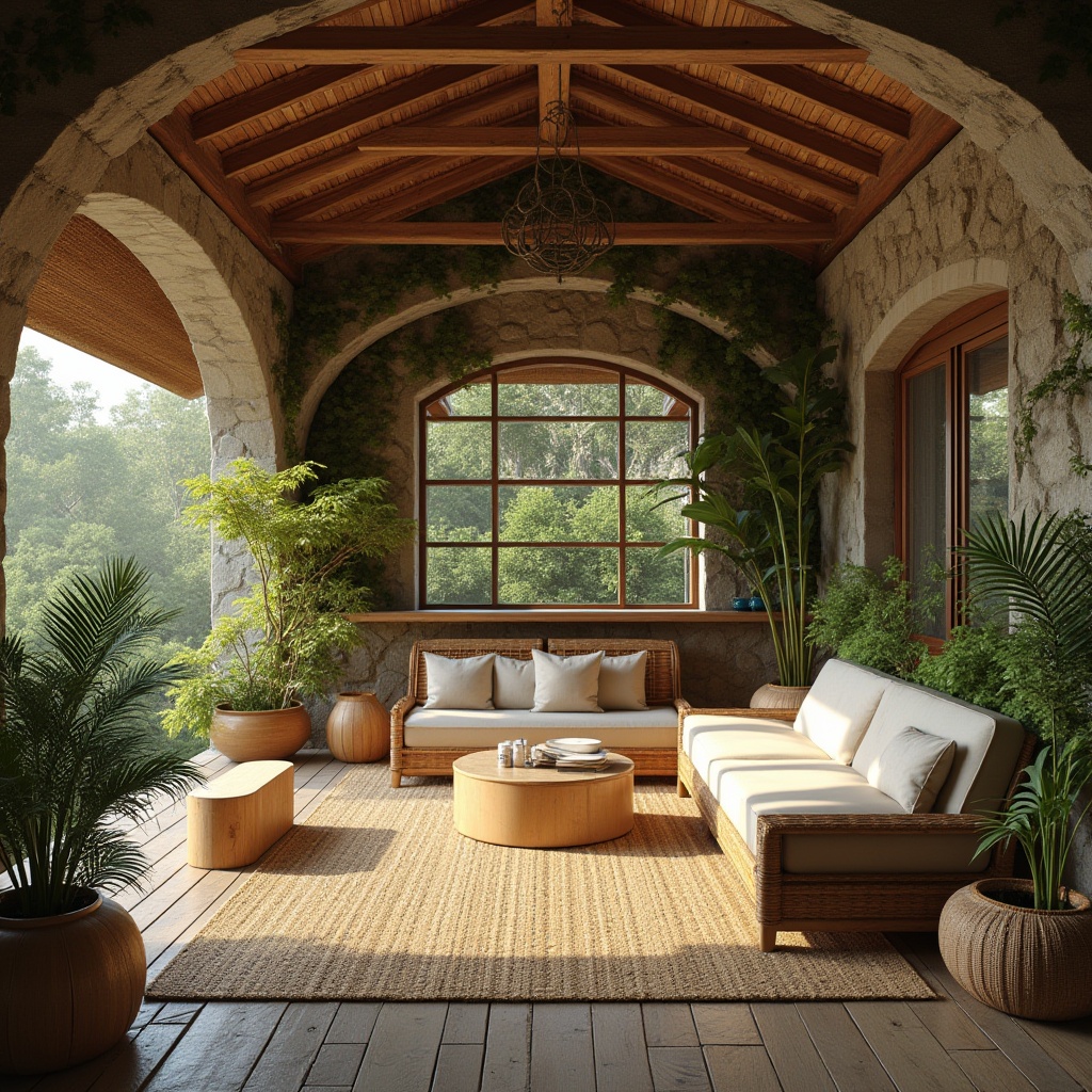 Prompt: Earthy tones, natural stone walls, reclaimed wood accents, living green roofs, bamboo flooring, wicker furniture, rattan decorations, organic curves, earthy scent, soft warm lighting, shallow depth of field, 3/4 composition, panoramic view, realistic textures, ambient occlusion.