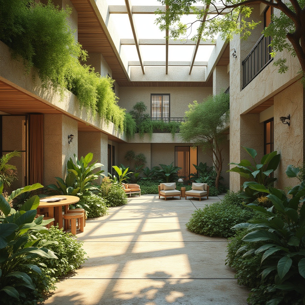 Prompt: Serene atrium, lush greenery, natural stone walls, wooden accents, clerestory windows, skylights, solar tubes, diffused lighting, warm beige tones, earthy color palette, organic shapes, curved lines, open floor plan, minimal obstructions, reflective surfaces, subtle shading, ambient occlusion, 3/4 composition, panoramic view, realistic textures.Please let me know if this meets your requirements!