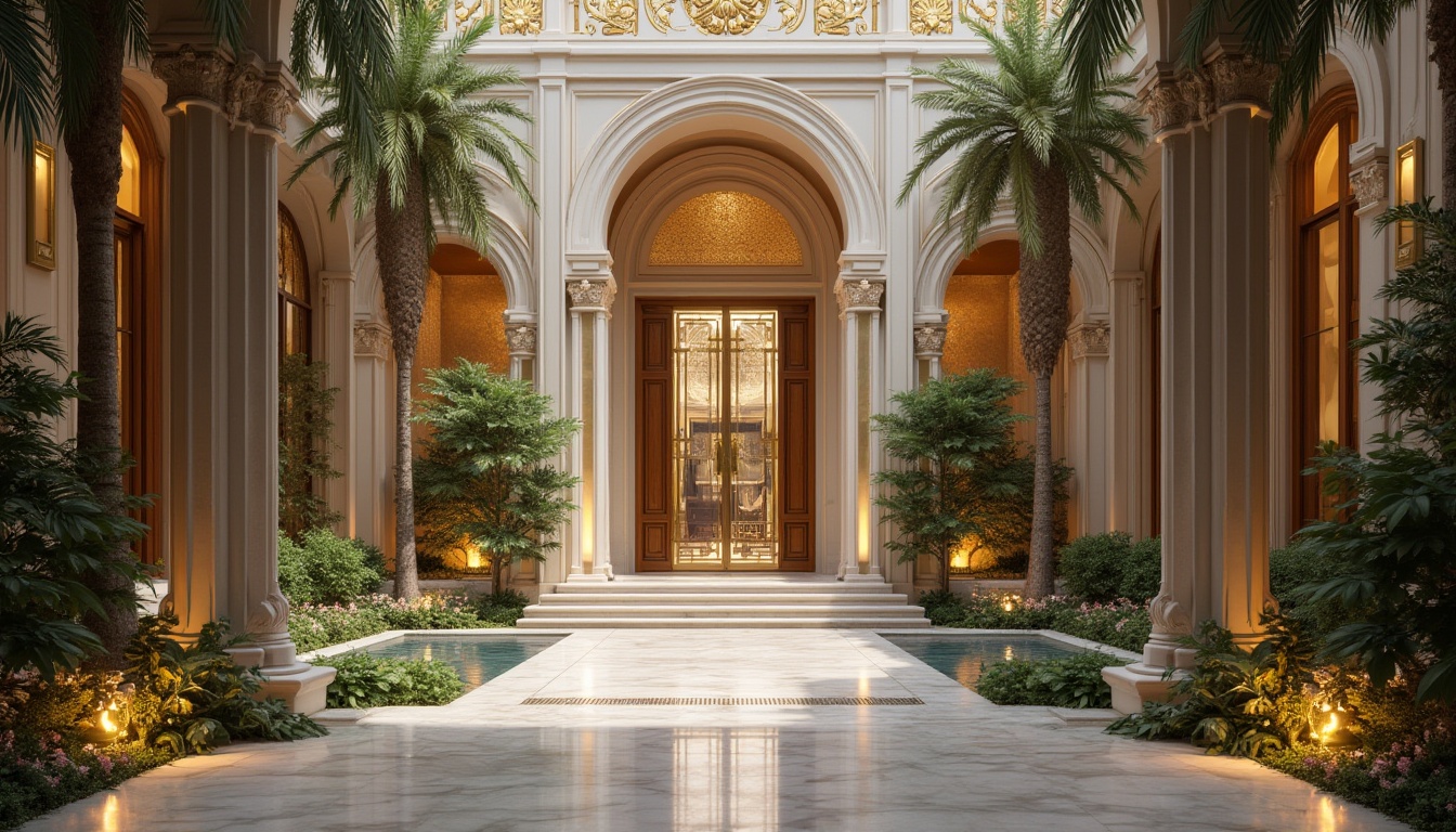 Prompt: Grand entrance, ornate doors, symmetrical columns, elegant archways, intricately patterned walls, luxurious materials, marble finishes, golden accents, modern LED lighting, sophisticated water features, serene courtyard, lush greenery, vibrant flowers, tranquil ambiance, warm inviting atmosphere, shallow depth of field, 3/4 composition, realistic textures, ambient occlusion.