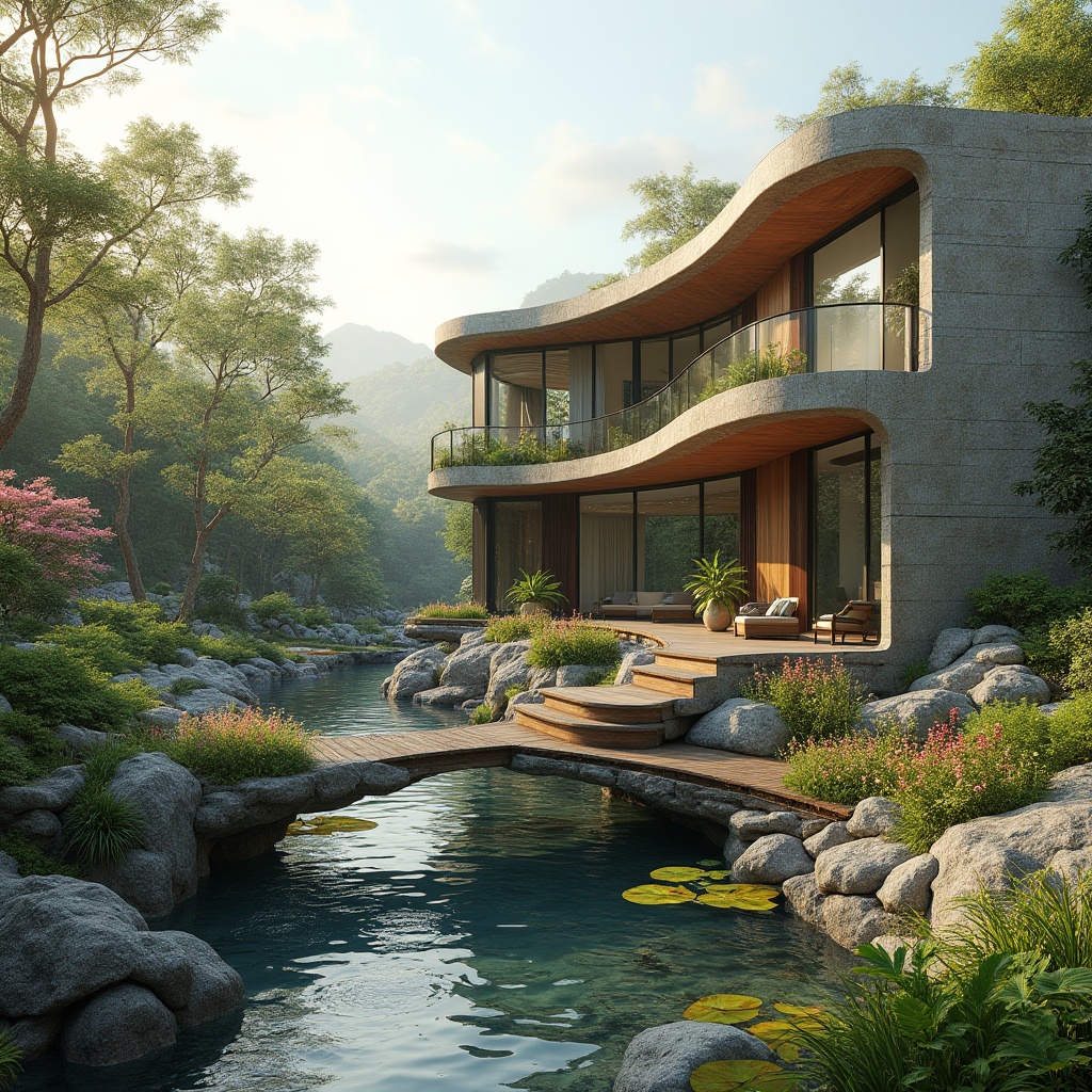 Prompt: Curved villa silhouette, seamless landscape integration, natural stone cladding, sleek metal railings, floor-to-ceiling windows, minimalist modern design, lush greenery, tranquil water features, meandering stream, rustic wooden bridges, vibrant floral arrangements, warm sunny day, soft diffused lighting, shallow depth of field, 1/2 composition, panoramic view, realistic textures, ambient occlusion.