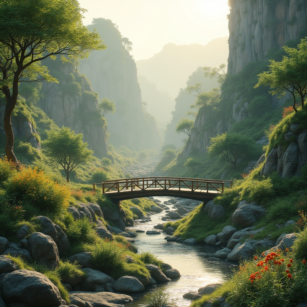 Prompt: Seamless landscape integration, organic curves, natural stone walls, lush greenery, serene water features, gentle slopes, meandering paths, rustic wooden bridges, native plant species, vibrant wildflowers, soft misty atmosphere, warm golden lighting, shallow depth of field, 2/3 composition, panoramic view, realistic textures, ambient occlusion.