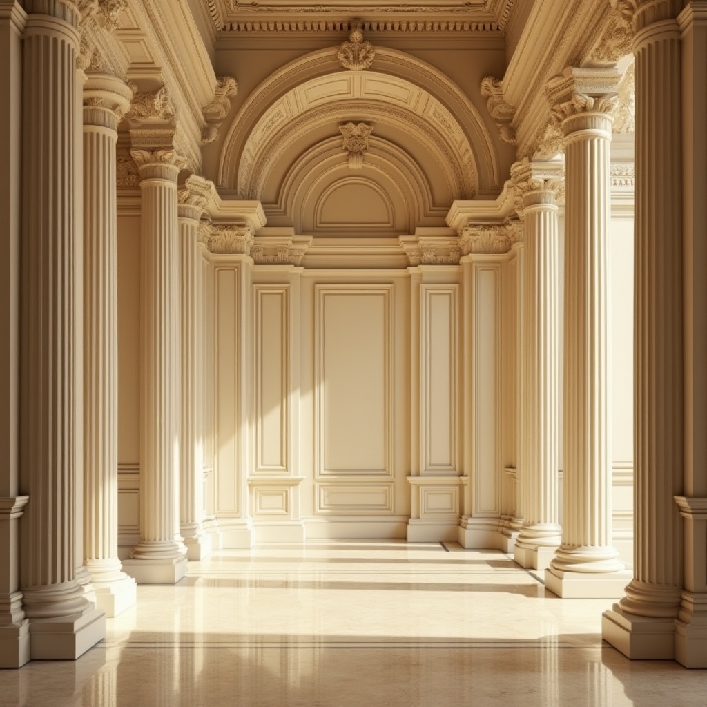 Prompt: Neoclassical architecture, grandiose columns, ornate details, neutral beige walls, rich wood tones, polished marble floors, intricate moldings, soft golden lighting, warm creamy hues, classical proportions, symmetrical compositions, elegant archways, refined ornateness, subtle texture variations, realistic renderings, ambient occlusion, 1/1 composition, shallow depth of field.