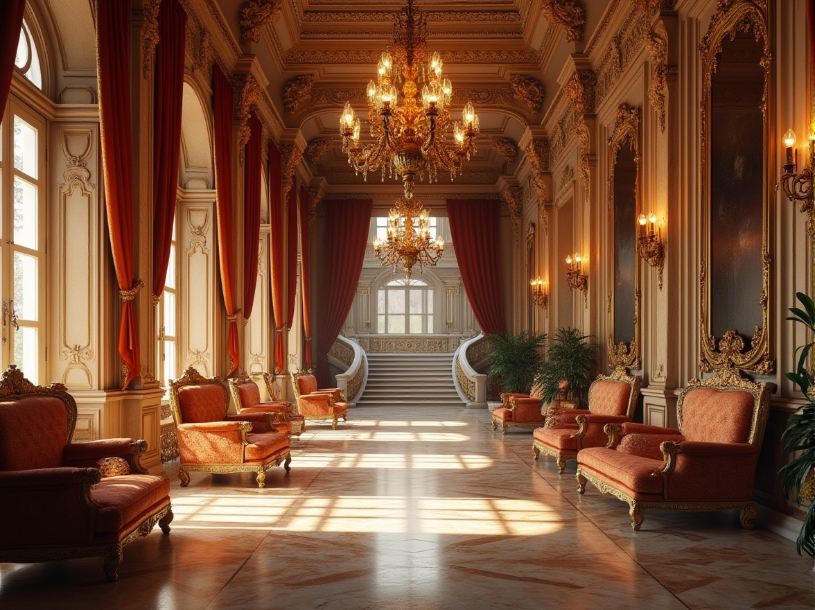 Prompt: Grand Renaissance palace, ornate chandeliers, lavish furnishings, rich velvet drapes, intricate stone carvings, gilded mirrors, luxurious marble floors, high ceilings, grand staircases, ornamental pillars, Baroque-style decorations, warm golden lighting, soft shadows, 1/1 composition, realistic textures, ambient occlusion, Renaissance-inspired patterns, elegant furniture arrangements, sophisticated color schemes.