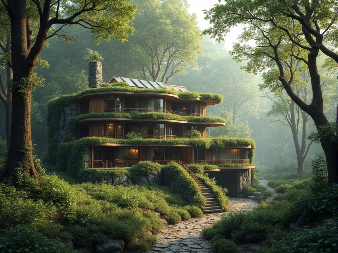 Prompt: Harmonious forest surroundings, twisting tree branches, natural stone walls, green roof architecture, solar panels, rainwater harvesting systems, organic curves, wooden accents, floor-to-ceiling windows, seamless transitions, blending boundaries, earthy color palette, soft diffused lighting, misty atmosphere, 1/2 composition, symmetrical balance, realistic foliage, ambient occlusion.