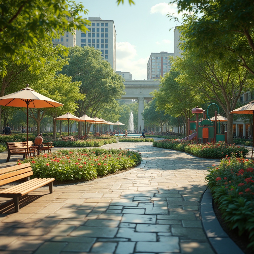 Prompt: Vibrant public park, lush greenery, walking trails, serene water features, modern playground equipment, colorful flowers, wooden benches, natural stone pathways, contemporary street furniture, urban architecture, large umbrellas, soft warm lighting, shallow depth of field, 3/4 composition, panoramic view, realistic textures, ambient occlusion.