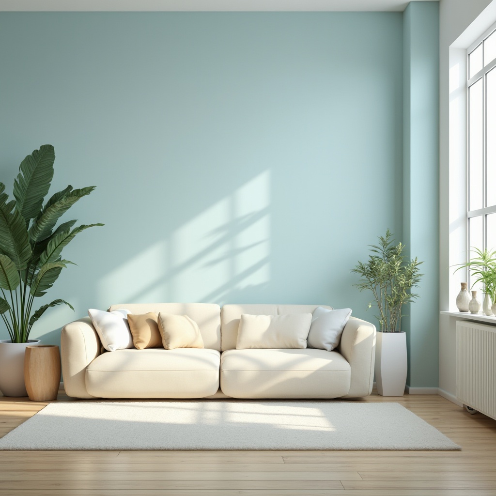 Prompt: Calm sky blue walls, soft white clouds, gentle natural light, airy open spaces, modern minimalist furniture, sleek metal frames, rounded edges, creamy beige accents, warm wooden floors, lush greenery, potted plants, delicate glass vases, subtle gradient effects, 1/2 composition, shallow depth of field, soft focus, vibrant colorful patterns, intricate textures, ambient occlusion.