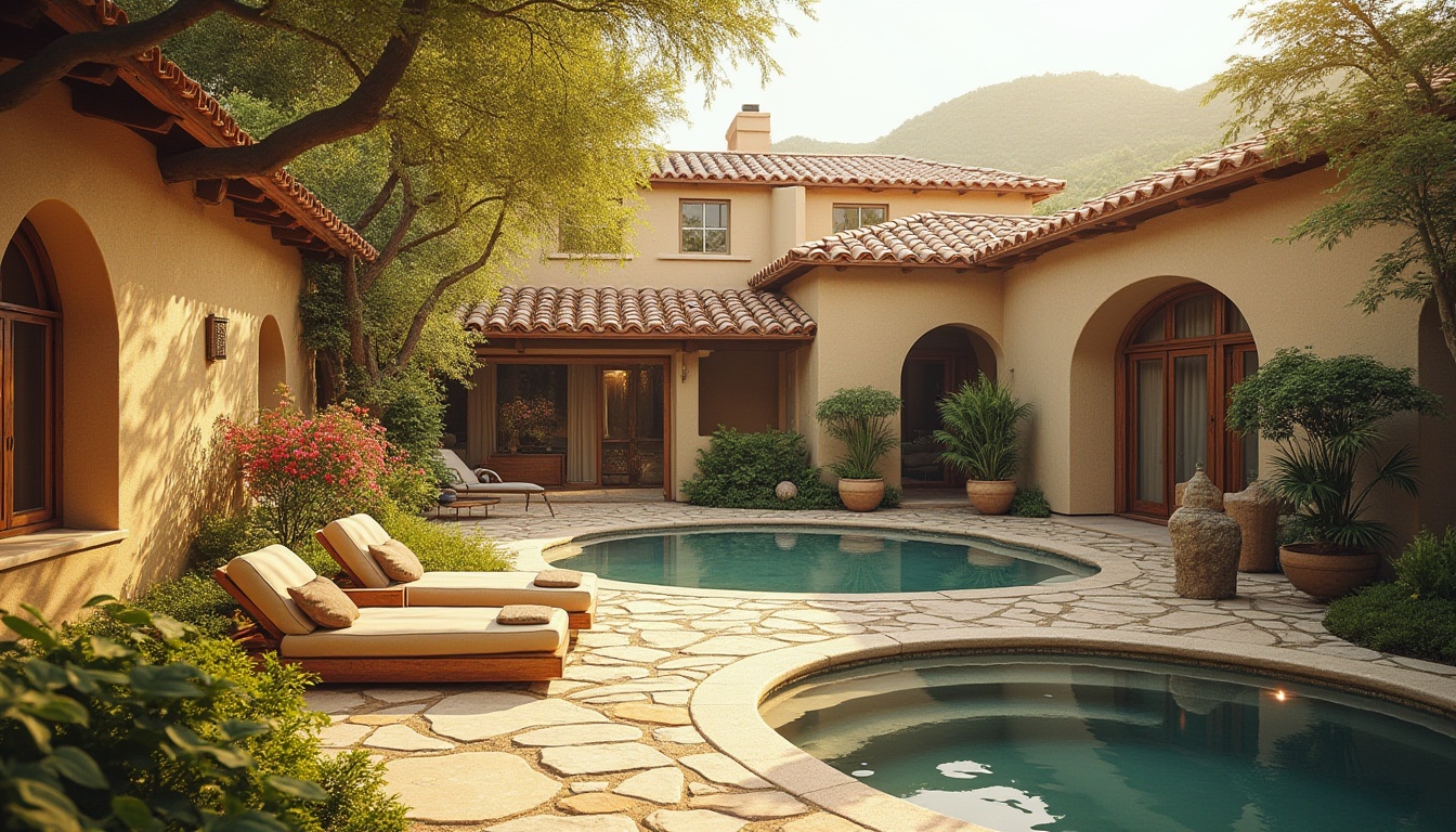 Prompt: Secluded villa, Mediterranean architecture, warm beige stucco walls, terracotta roof tiles, lush greenery, blooming flowers, serene water features, natural stone pathways, wooden accents, earthy color palette, soft pastel hues, calming atmosphere, warm golden lighting, subtle texture contrasts, shallow depth of field, 1/2 composition, realistic rendering, ambient occlusion.