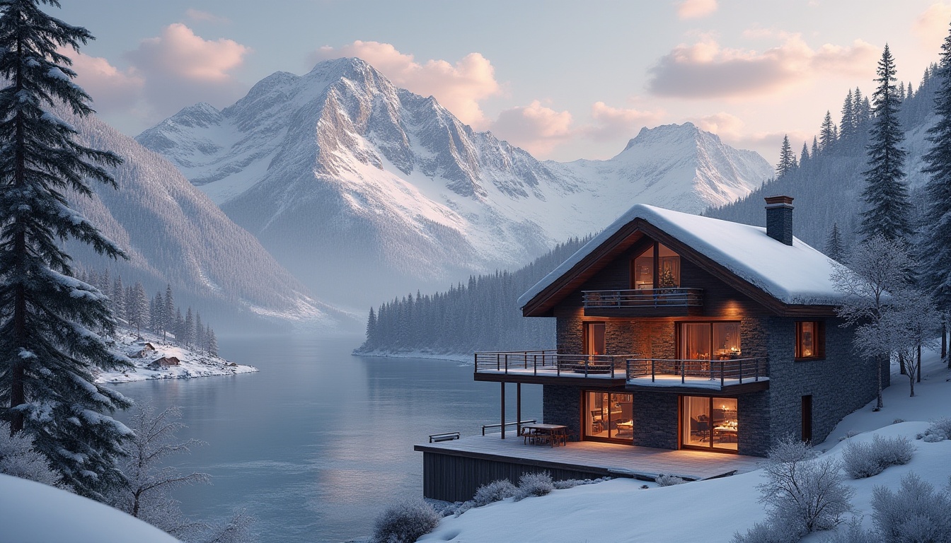 Prompt: Snow-capped mountains, wooden ski chalets, rustic stone walls, copper accents, warm candle lighting, cozy fireplaces, natural wood textures, earthy color palette, modern minimalist design, large glass windows, panoramic views, snow-covered rooftops, frozen lakes, frosty mornings, misty atmosphere, shallow depth of field, 1/2 composition, realistic renderings, ambient occlusion.