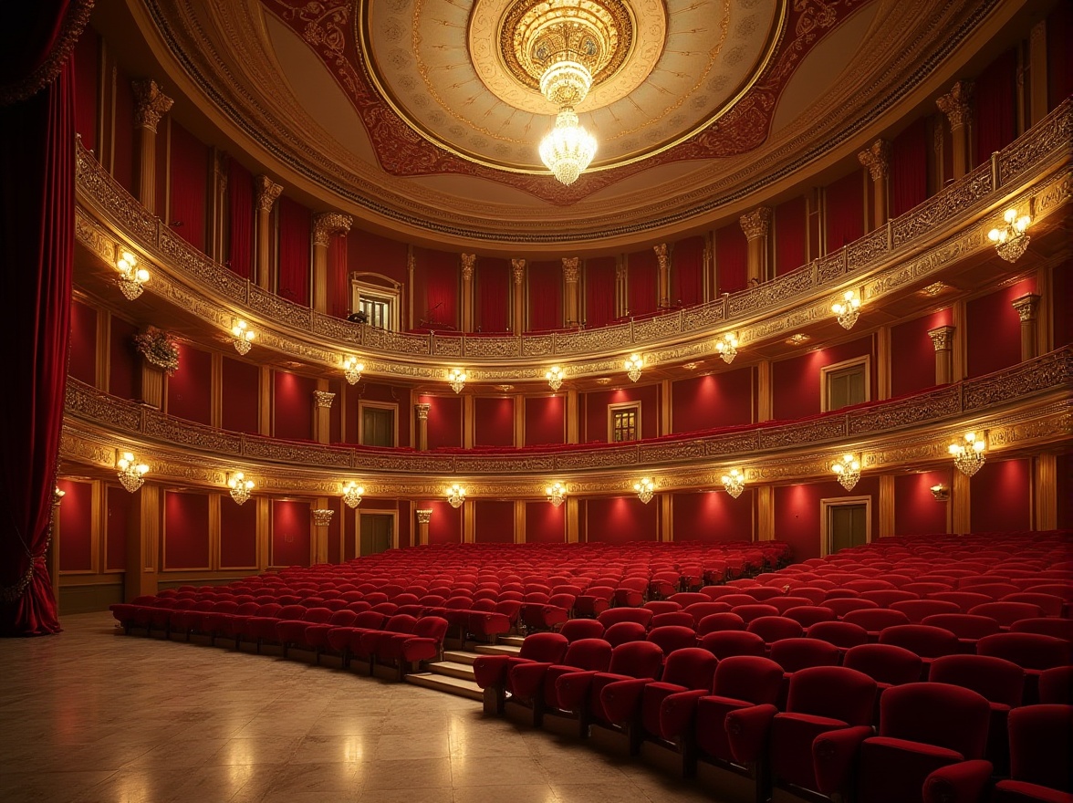 Prompt: Luxurious opera house interior, streamline moderne aesthetic, curved lines, metallic accents, grand chandeliers, plush red velvet seats, ornate golden balconies, sweeping staircases, lavish foyer, high ceilings, intricate moldings, dramatic spotlights, rich wood tones, polished marble floors, sophisticated color palette, 1/1 composition, warm atmospheric lighting, soft focus blur, realistic reflections.