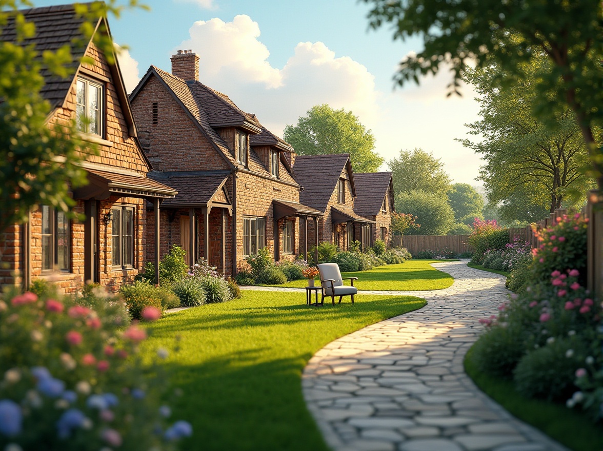 Prompt: Cozy suburban homes, rustic brick facades, pitched roofs, lush green lawns, blooming flower beds, wooden fences, quiet neighborhood streets, mature trees, sunny afternoon, soft warm lighting, shallow depth of field, 3/4 composition, panoramic view, realistic textures, ambient occlusion, natural stone pathways, family-friendly outdoor spaces, BBQ areas, outdoor furniture, birdhouses, garden ornaments.