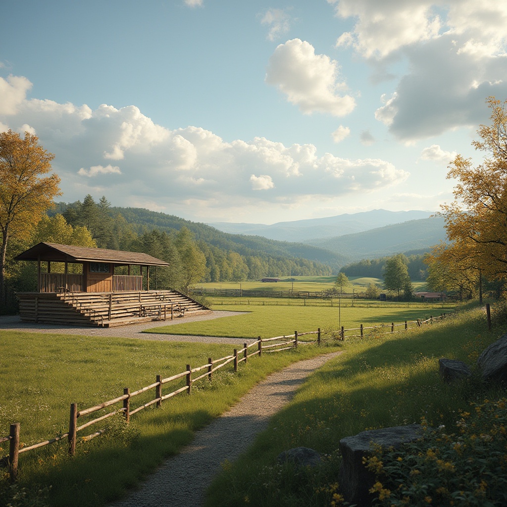 Prompt: Rustic rural landscape, rolling hills, lush green pastures, wildflower meadows, wooden bleachers, vintage scoreboard, natural stone walls, rustic metal fencing, country road access, parking lot with gravel terrain, surrounding trees with autumn foliage, cloudy blue sky, warm afternoon sunlight, shallow depth of field, 2/3 composition, panoramic view, realistic textures, ambient occlusion.