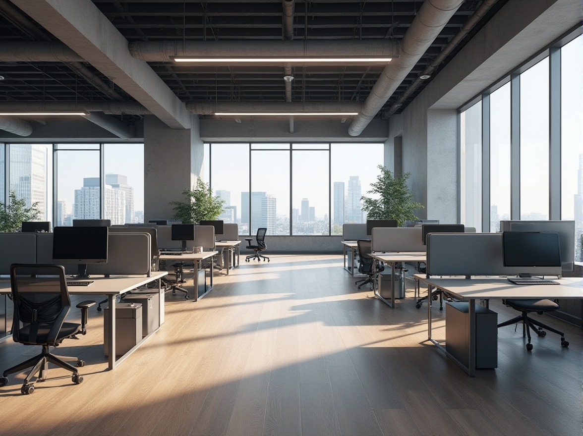 Prompt: Functional open-plan office, minimalist decor, ergonomic furniture, collaborative workspaces, acoustic panels, sleek metal desks, adjustable chairs, floor-to-ceiling windows, natural daylight, urban cityscape views, modern architecture, 1/1 composition, softbox lighting, shallow depth of field, realistic textures, ambient occlusion.