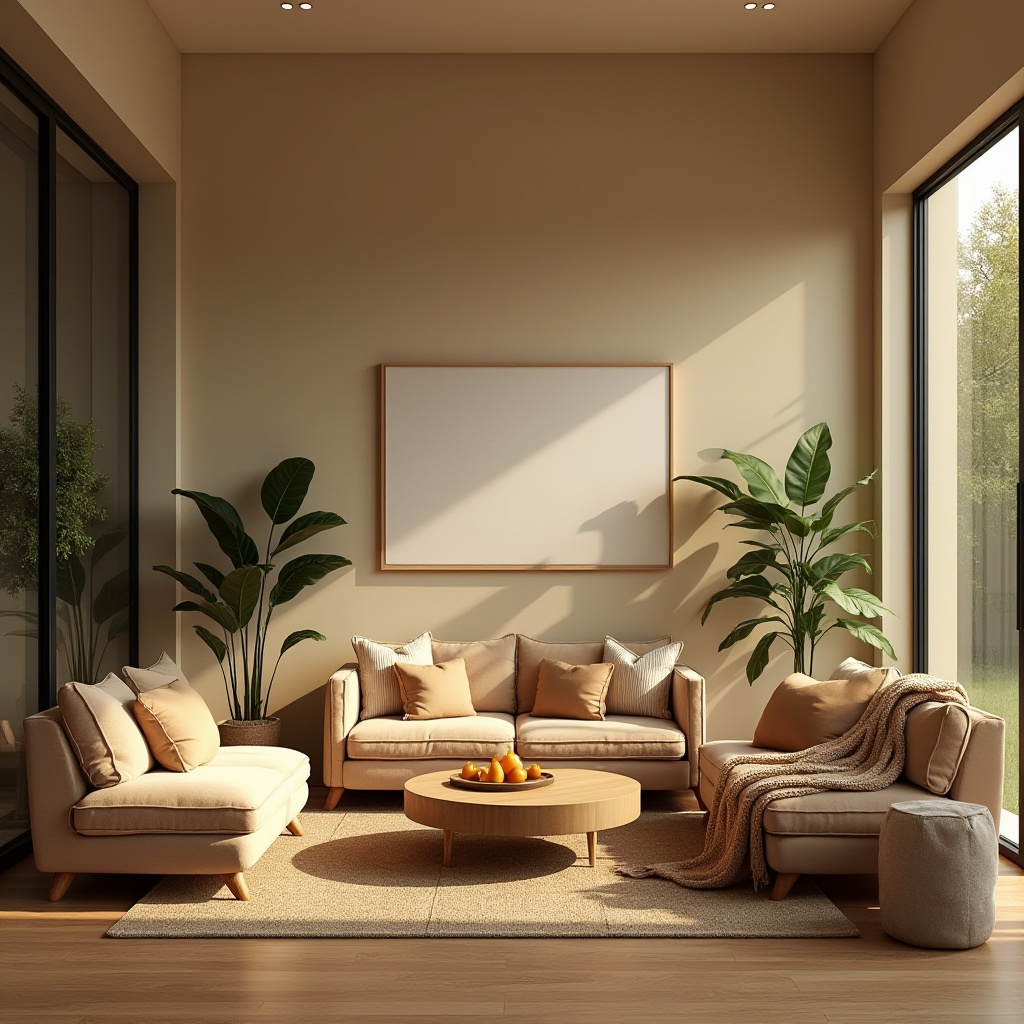 Prompt: Cozy living room, warm beige walls, plush velvet sofas, rich wood flooring, soft golden lighting, floor-to-ceiling windows, lush green plants, modern minimalist decor, comfortable seating areas, textured throw blankets, scented candles, calm ambiance, 1/1 composition, shallow depth of field, realistic textures, ambient occlusion.