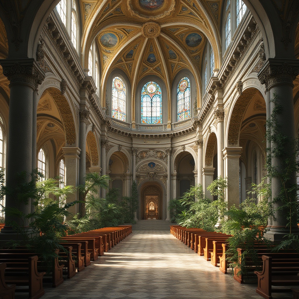 Prompt: Majestic Renaissance church, lush greenery, ornate stone carvings, vibrant stained glass windows, intricate frescoes, Baroque architecture, grandiose domes, ornate columns, marble floors, soft warm lighting, shallow depth of field, 3/4 composition, panoramic view, realistic textures, ambient occlusion.