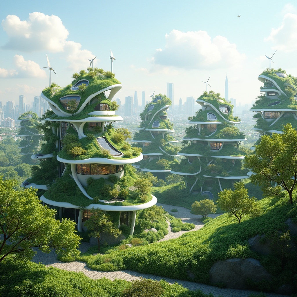 Prompt: Eco-friendly buildings, green roofs, solar panels, wind turbines, water conservation systems, recycled materials, natural ventilation systems, energy-efficient windows, double glazing, low-carbon footprint, organic forms, curved lines, minimal waste generation, rainwater harvesting systems, greywater reuse systems, biophilic design, living walls, vertical gardens, urban agriculture, renewable energy sources, zero-waste policy, sustainable urban planning, futuristic cityscape, bright natural light, soft shadows, shallow depth of field, 1/1 composition, panoramic view, realistic textures, ambient occlusion.