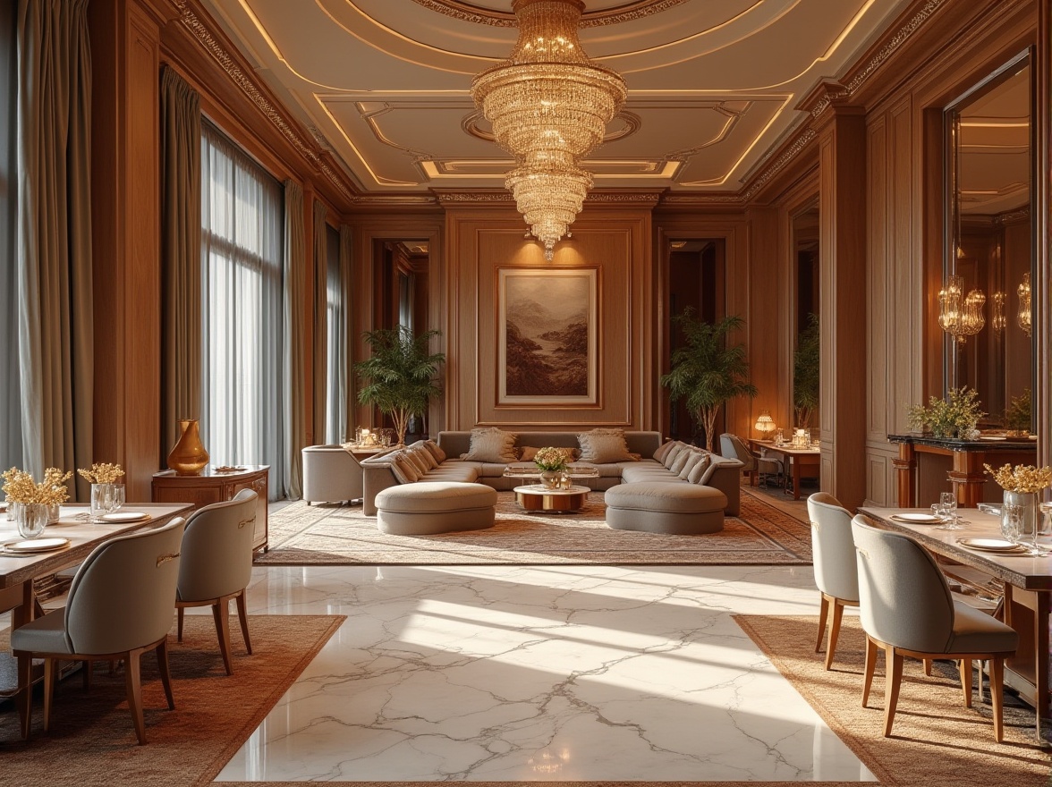 Prompt: Luxurious interior space, rich velvety fabrics, supple leather upholstery, polished marble countertops, gleaming metallic accents, exotic wood grains, opulent crystal chandeliers, lavish silk drapes, sumptuous area rugs, high-gloss lacquer finishes, intricate inlays, ornate moldings, soft ambient lighting, warm neutral tones, elegant minimalist decor, refined architectural details, sophisticated color palette.