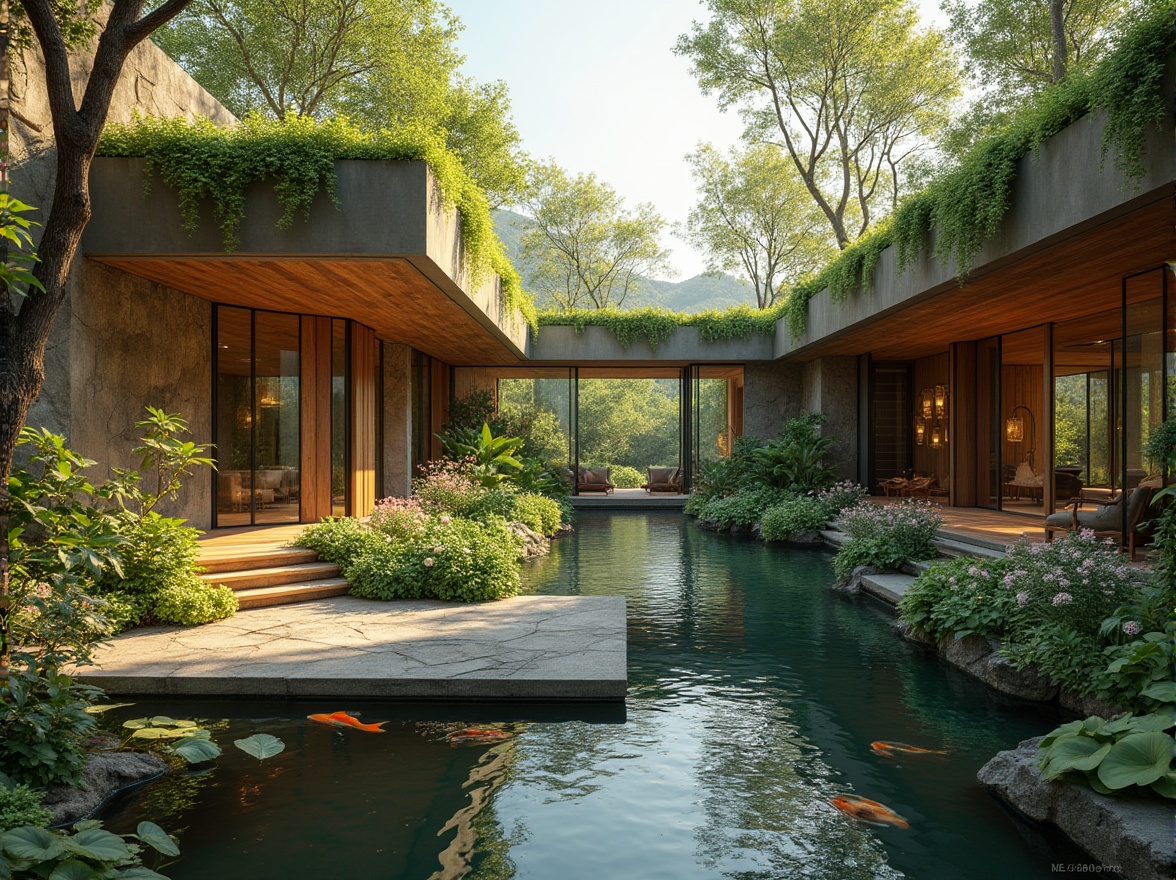 Prompt: Seamless integration, organic curves, living walls, green roofs, natural stone facades, reclaimed wood accents, floor-to-ceiling windows, sliding glass doors, indoor gardens, water features, koi ponds, lush vegetation, blooming flowers, sunny day, soft warm lighting, shallow depth of field, 3/4 composition, panoramic view, realistic textures, ambient occlusion.