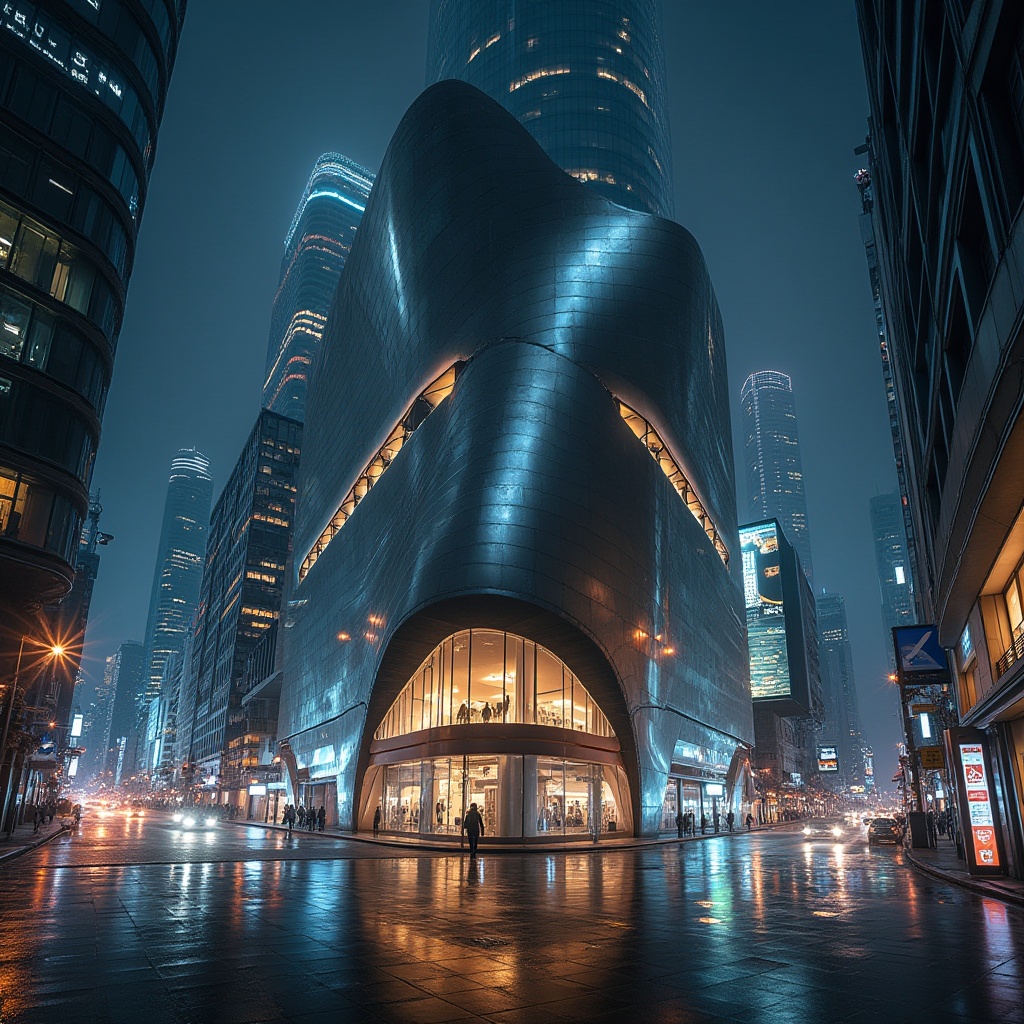 Prompt: Curved building facades, metallic materials, polished steel surfaces, reflective glass walls, minimalist ornamentation, sleek lines, futuristic aesthetic, high-tech gadgets, urban cityscape, busy streets, neon lights, nighttime atmosphere, shallow depth of field, 3/4 composition, panoramic view, realistic textures, ambient occlusion.