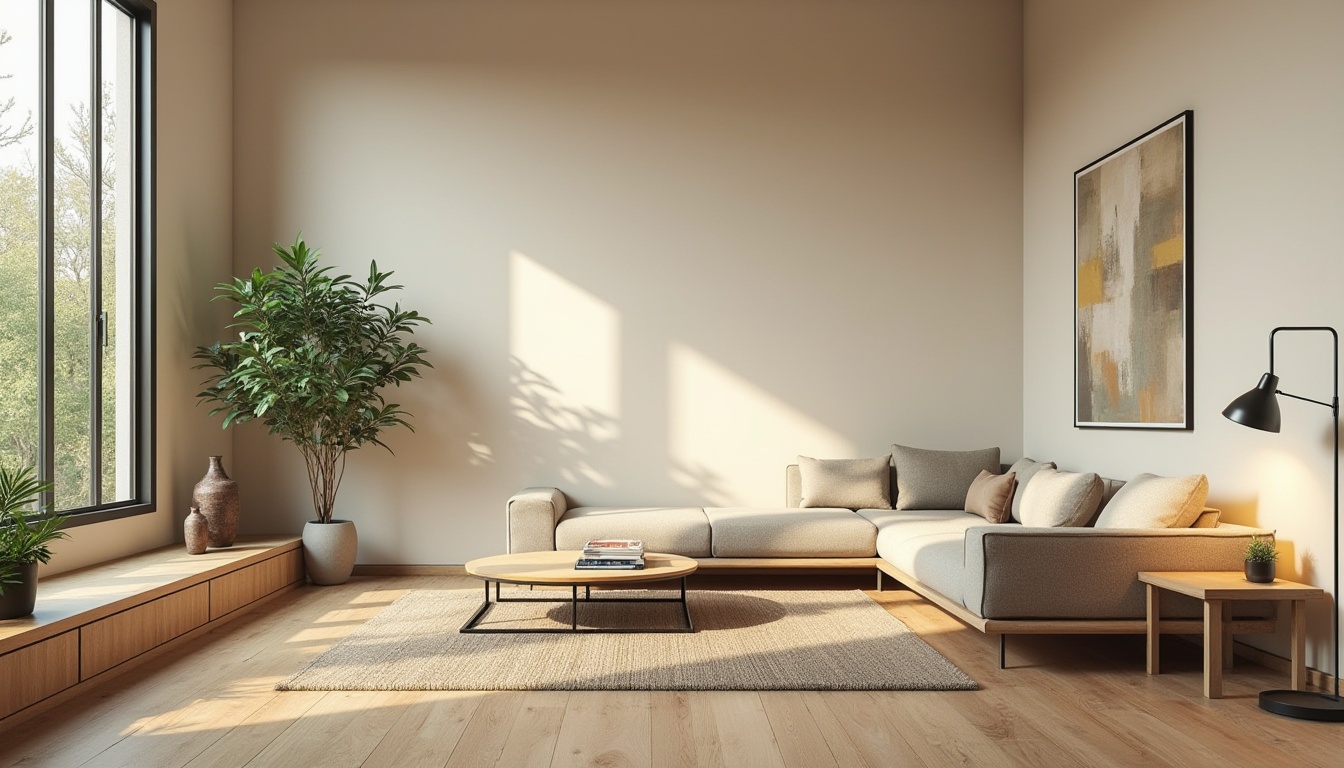 Prompt: Modern living room, sleek minimalist furniture, soft beige walls, polished wooden floors, floor-to-ceiling windows, natural light, cozy reading nook, comfortable sectional sofa, industrial-chic coffee table, vibrant greenery, decorative vases, abstract artwork, ambient warm lighting, shallow depth of field, 1/1 composition, realistic textures, detailed normal maps.