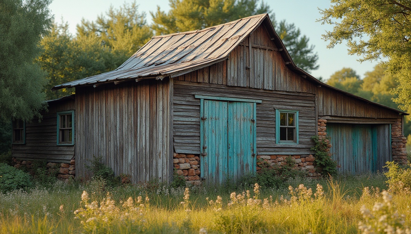 Prompt: Rustic barn, weathered wood, earthy tones, muted browns, warm beige, soft grays, vibrant turquoise accents, distressed textures, natural stone foundations, overgrown foliage, wildflowers, sunny afternoon, warm soft lighting, shallow depth of field, 1/2 composition, realistic rustic details, ambient occlusion.