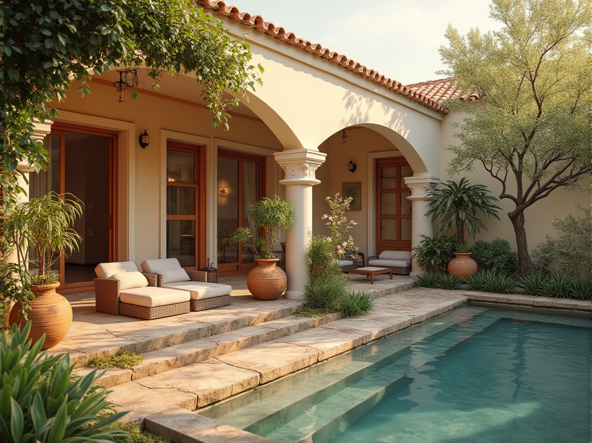 Prompt: Serene villa exterior, warm beige walls, soft cream accents, lush greenery, blooming flowers, tranquil water features, natural stone pathways, wooden furniture, woven textiles, earthy terracotta pots, gentle morning light, warm golden lighting, shallow depth of field, 1/1 composition, realistic textures, ambient occlusion.