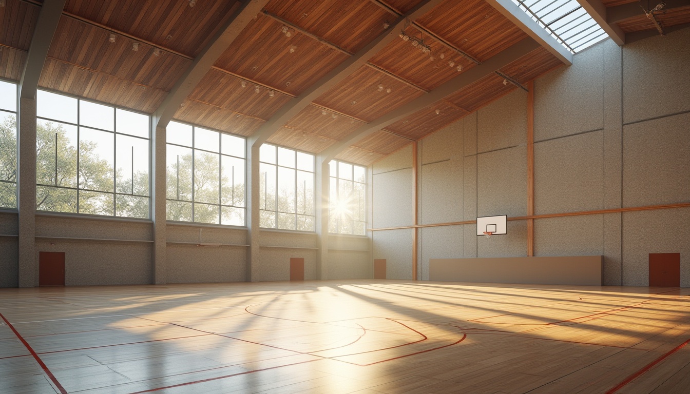 Prompt: Spacious gymnasium interior, high ceilings, large windows, clerestory windows, natural stone walls, wooden floors, basketball courts, sports equipment, athletic tracks, modern architecture, minimalist design, abundant natural lighting, soft warm glow, subtle shadows, 1/1 composition, realistic textures, ambient occlusion.