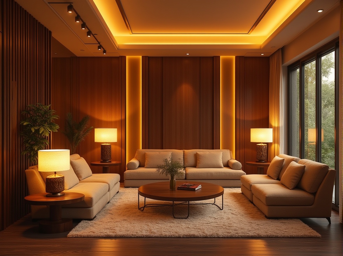 Prompt: Luxurious living room, warm golden lighting, soft ambient glow, table lamps, floor lamps, pendant lights, LED strips, cozy atmosphere, comfortable seating, rich wood accents, plush carpets, elegant furniture, modern minimalist decor, bright accent walls, dramatic ceiling fixtures, layered lighting design, 1/1 composition, shallow depth of field, realistic textures, warm color temperature.