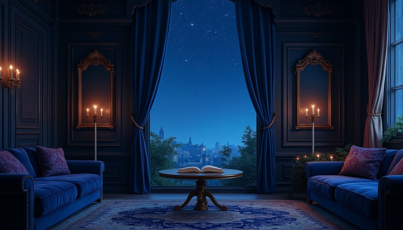 Prompt: Mysterious indigo night sky, twinkling stars, celestial bodies, dark blue hues, rich velvet fabrics, luxurious upholstery, regal accents, mystical auras, ancient wisdom, spiritual connections, profound introspection, cozy reading nooks, dim warm lighting, soft shadows, 1/2 composition, cinematic atmosphere, deep blues and purples, ornate gold frames, lavish drapery, sophisticated ambiance.