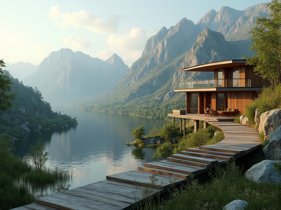 Prompt: Mountainous landscape, rolling hills, serene lakeside, lush greenery, native plants, meandering walkways, wooden decks, cantilevered structures, modern minimalist architecture, large windows, sliding glass doors, natural stone walls, weathered wood accents, panoramic views, shallow depth of field, 3/4 composition, warm soft lighting, realistic textures, ambient occlusion.