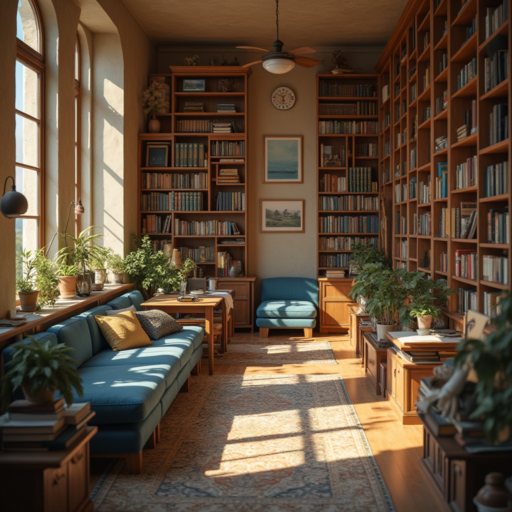 Prompt: Cozy library atmosphere, warm beige walls, rich wooden shelves, comfortable reading nooks, soft cushions, earthy brown tones, calming blue accents, natural light pouring in, large windows, rustic metal lamps, vintage book collections, quiet study areas, peaceful ambiance, soft focus, shallow depth of field, 1/1 composition, realistic textures, ambient occlusion.