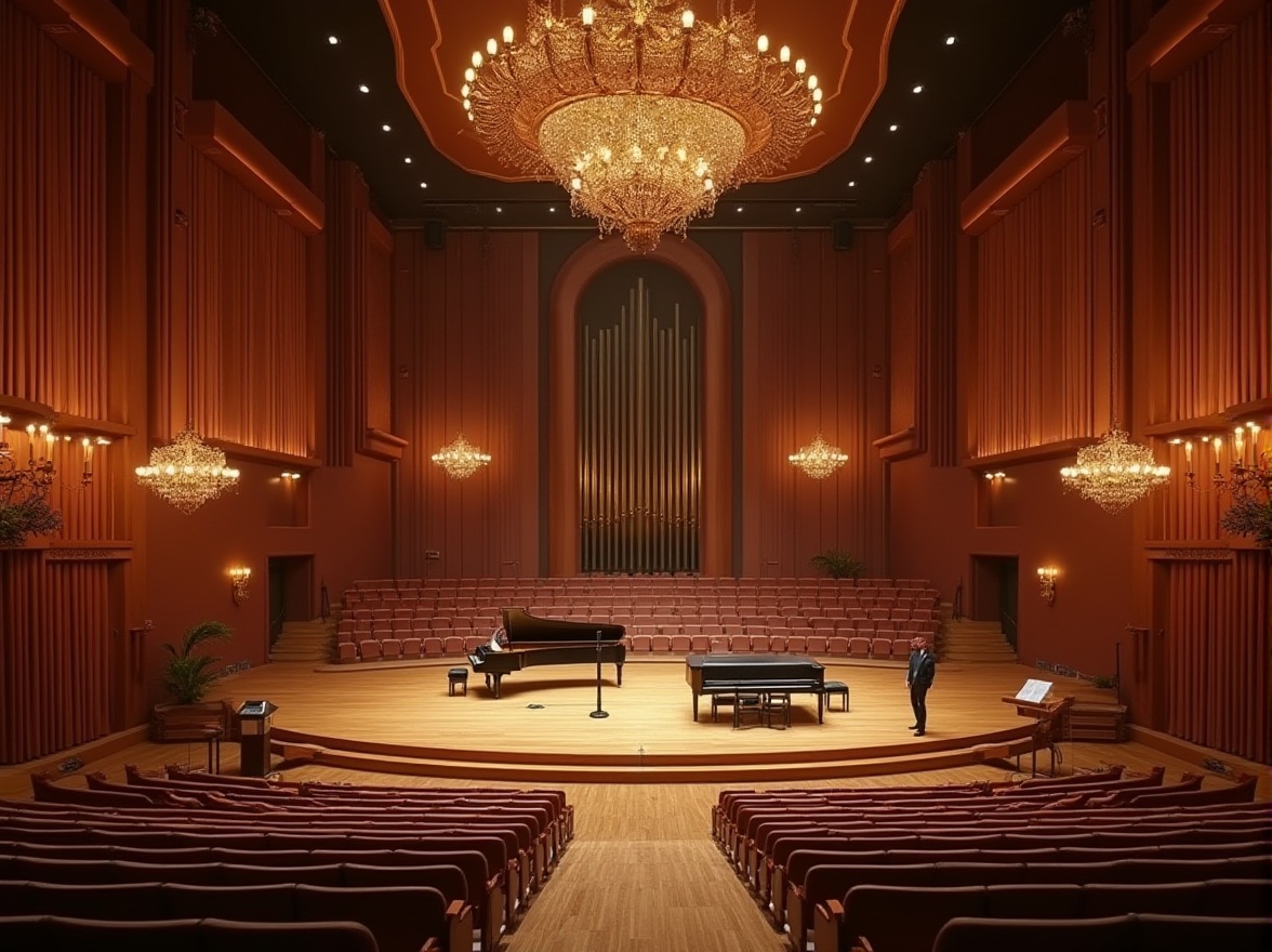 Prompt: Luxurious concert hall, ornate chandeliers, velvet curtains, wooden flooring, sound-absorbing panels, tiered seating, grand pianos, acoustic ceilings, diffused lighting, warm earthy tones, intimate atmosphere, precise sound reflection, optimal reverberation time, state-of-the-art audio equipment, high-fidelity speakers, minimalist decor, sophisticated ambiance, dramatic spotlights, subtle color palette, refined textures, 1/2 composition, cinematic view, realistic renderings, ambient occlusion.