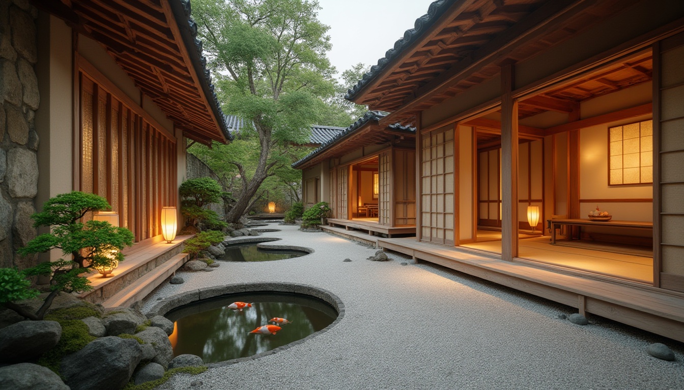 Prompt: Traditional Japanese architecture, natural wood materials, sliding doors, tatami floors, shoji screens, minimalist decor, paper lanterns, local cultural influences, serene gardens, koi ponds, bonsai trees, stone pathways, subtle lighting, warm beige tones, shallow depth of field, 1/2 composition, harmonious balance, soft focus, ambient occlusion.