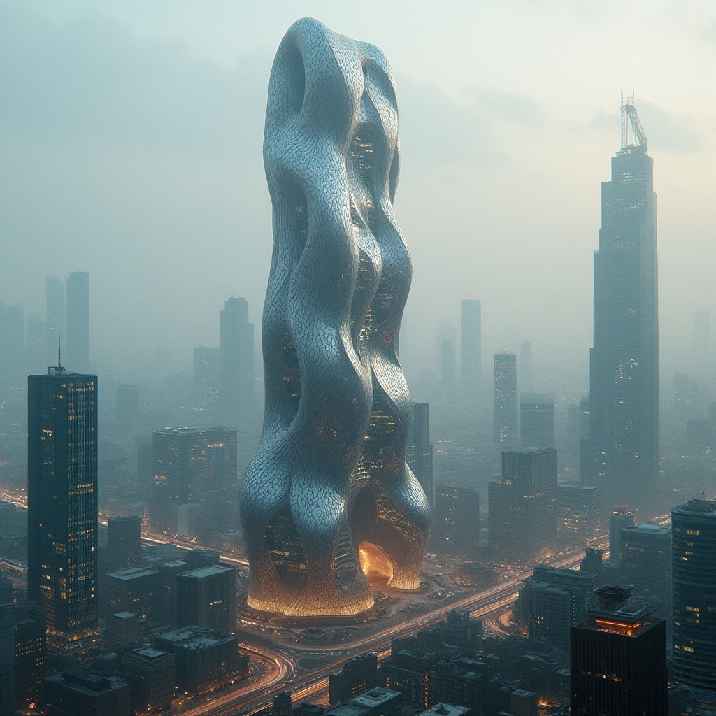 Prompt: Oversized biomorphic facade, undulating curves, metallic materials, iridescent colors, parametric design, futuristic aesthetics, urban skyscraper, high-rise building, densely populated city, polluted atmosphere, misty weather, warm color temperature, shallow depth of field, 1/2 composition, symmetrical framing, dramatic lighting, realistic reflections.