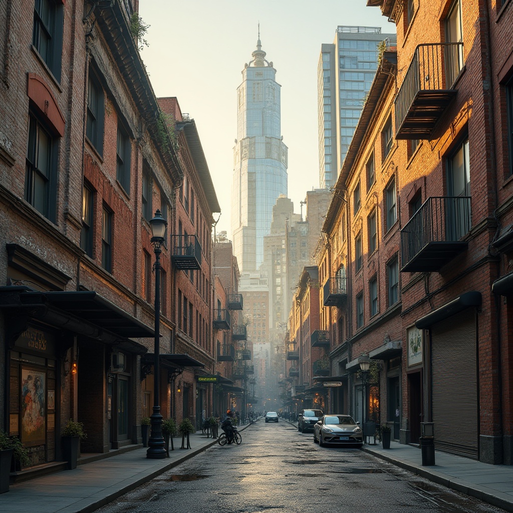 Prompt: Rustic brick facades, industrial metal cladding, gritty concrete walls, urban cityscape, busy streets, modern skyscrapers, sleek glass towers, ornate stone carvings, intricate mosaics, weathered wooden accents, distressed finishes, vibrant street art, eclectic urban landscape, dynamic city life, warm golden lighting, shallow depth of field, 1/2 composition, realistic textures, ambient occlusion.