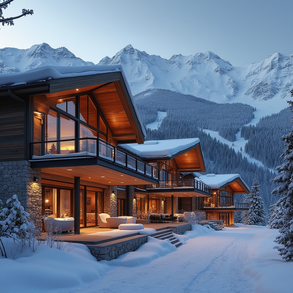 Prompt: Snow-capped mountains, rustic wooden facades, earthy stone foundations, natural cedar cladding, warm LED lighting, modern minimalist interior design, exposed metal beams, polished concrete floors, reclaimed wood accents, cozy fireplaces, plush textile furnishings, vibrant ski-inspired color schemes, dynamic angular lines, cantilevered roofs, panoramic views of snowy slopes, dramatic mountain vistas, realistic snowflake textures, ambient occlusion, shallow depth of field, 3/4 composition.