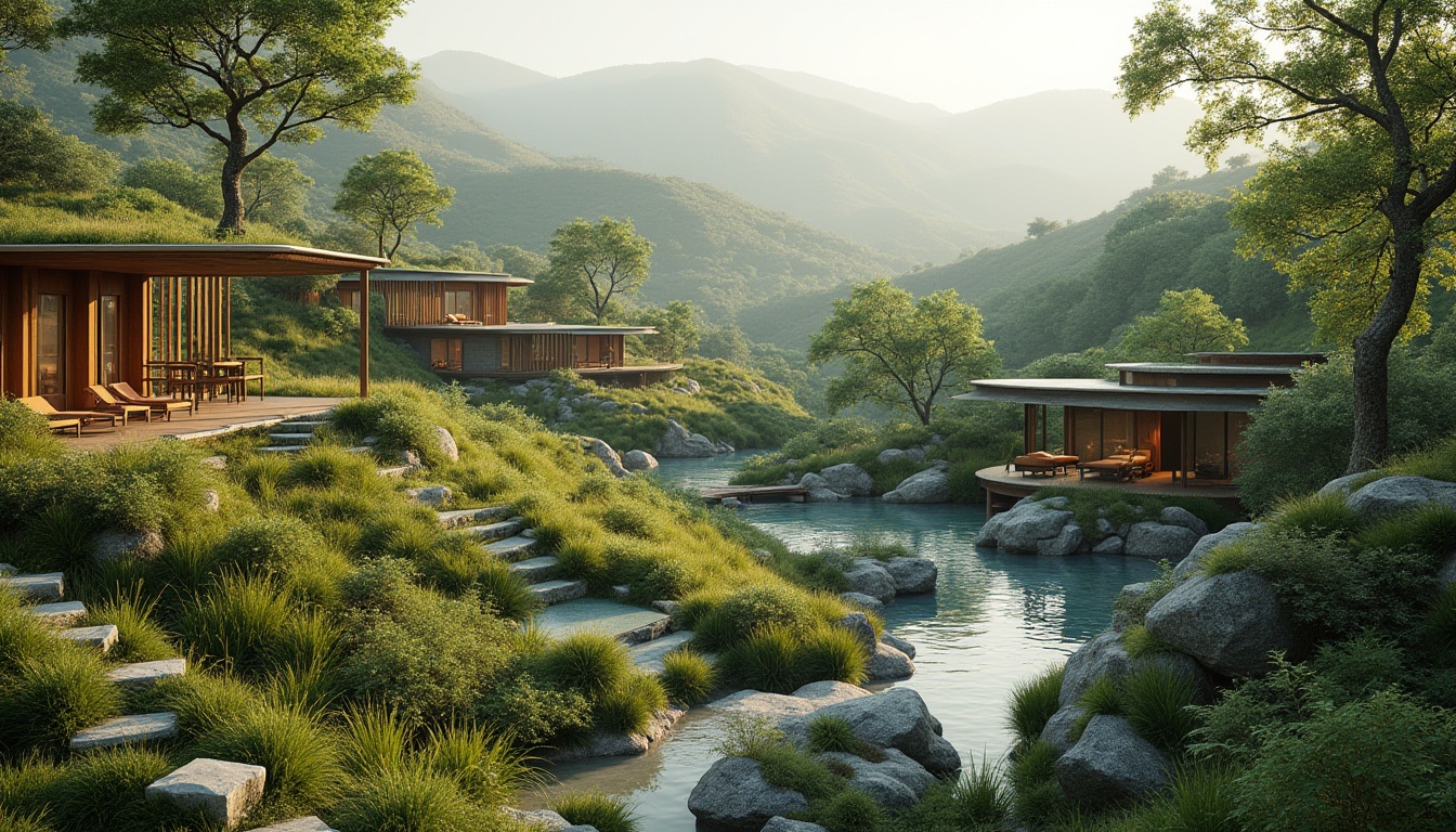 Prompt: Harmonious landscape integration, serene natural surroundings, rolling hills, lush greenery, mature trees, meandering water features, organic architecture, curved lines, earthy tones, sustainable materials, living roofs, green walls, native plant species, wildlife habitats, scenic overlooks, wooden decks, rustic benches, soft warm lighting, shallow depth of field, 3/4 composition, panoramic view, realistic textures, ambient occlusion.